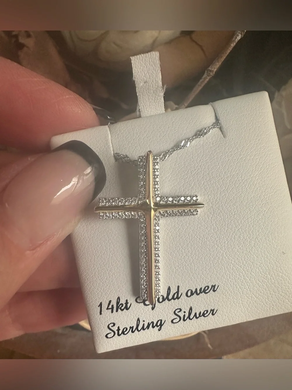 Ladies two toned cross pendant with cubic zirconias 18”new in box